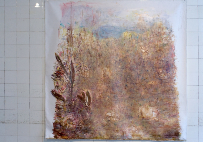 Dominik Eggermann o.T. 2021, oil, mixed media on coated canvas, 162 x 156 cm. Au Ciel, Galerie Sandra Bürgel, Berlin 2022