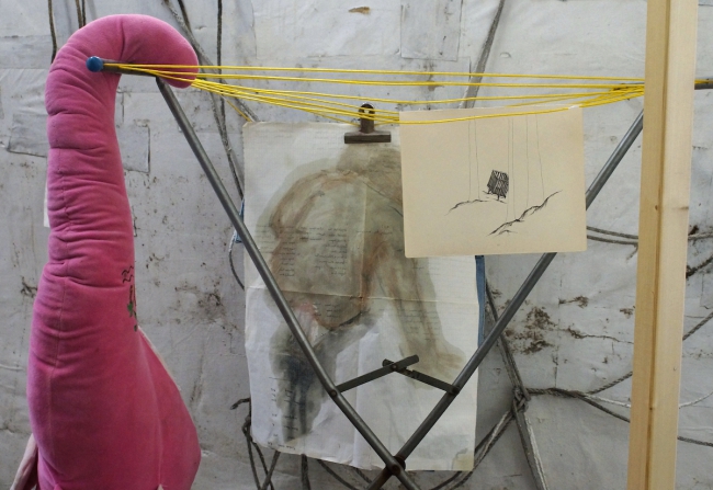 Sandra Hauser, „La Culla“, 2014, fineliner on paper, 21 x 26 cm / „Lagarrigue, Elie“, pastel, oil, gouache on found paper (Villemur-sur-Tarn), 60 x 45 cm