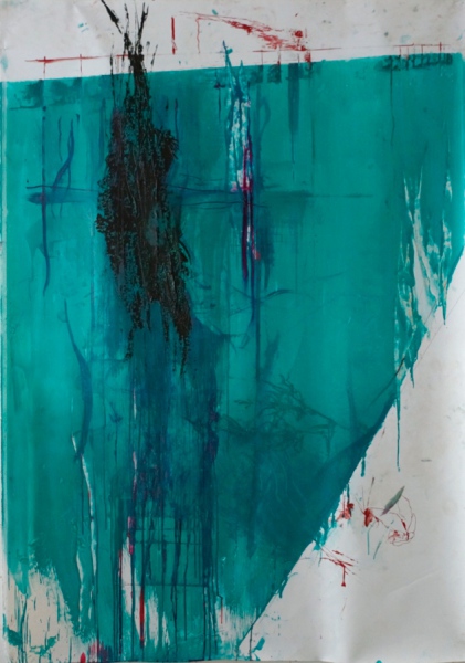 Klaus Winichner, o.T., 2021, Pigment (Cobalttürkis)), Mohnöl, Gouache, Tusche auf Leinwand 190 x 132 cm, Galerie Sandra Bürgel, Berlin