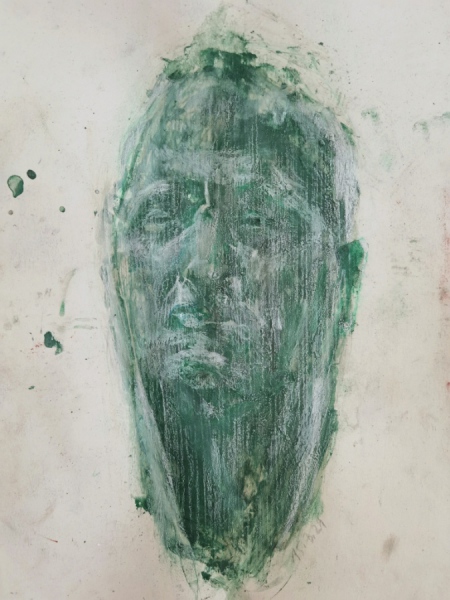 Klaus Winichner, o.T. (15.3.2021) 2021, Pigment (Malachit), Buntstift auf Papier 34,7 x 25 cm, Galerie Sandra Bürgel, Berlin