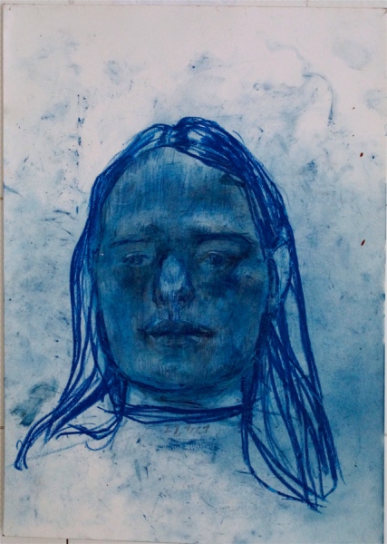 Klaus Winichner, o.T. (28.1.2021), 2021, Pigment (Preussischblau), Buntstift auf Papier 35 x 25 cm, Galerie Sandra Bürgel, Berlin